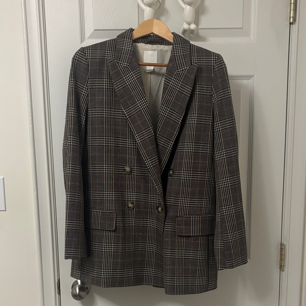 H&M Double-Breasted Plaid Blazer